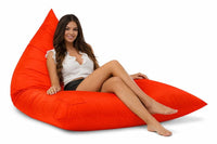 lady sitting on a bright red Bermuda bean bag lounger