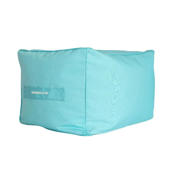 capri blue bean bag ottoman with a brand label on a white background