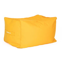 vivid orange bean bag ottoman with a visible brand logo on a white background