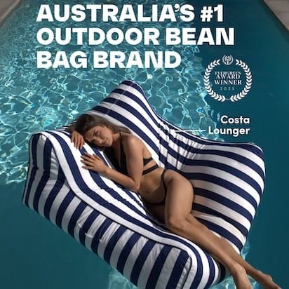 Woman lounging on a striped floating bean bag in a pool, with text about being Australia's #1 outdoor bean bag brand.