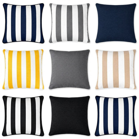 collage of 9 outdoor furniture cushions in different colour ways